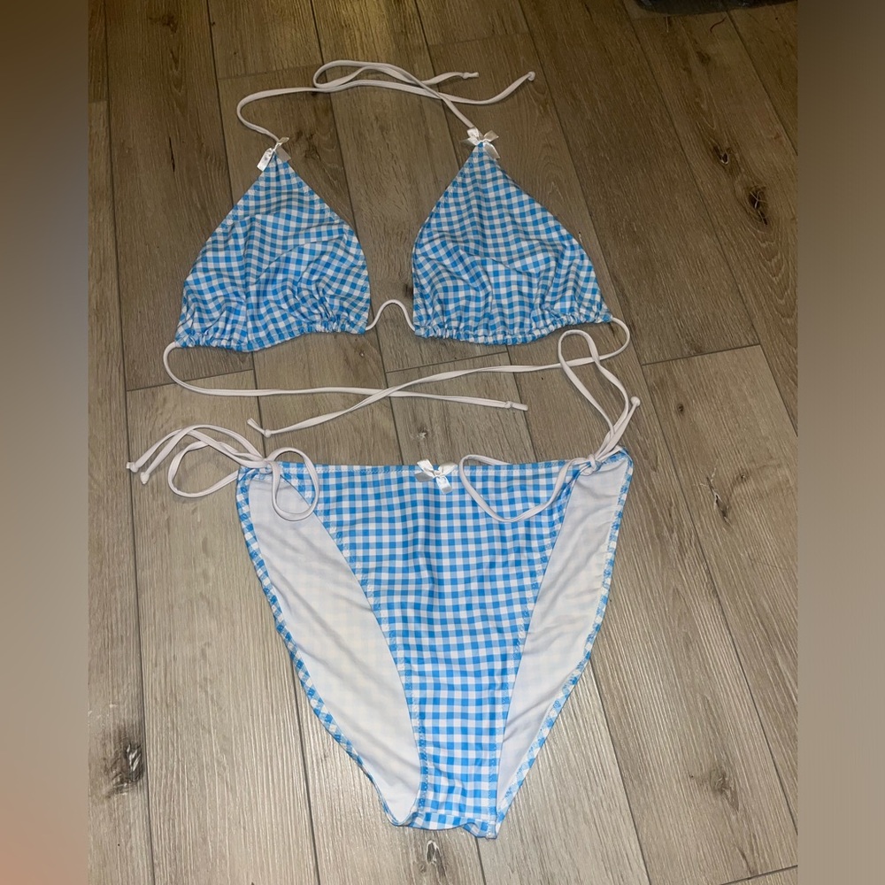 Blue Gingham Triangle String Bikini